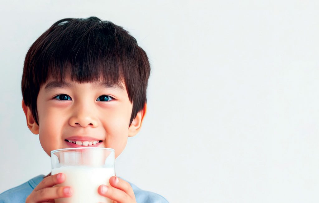 young boy smiling after drinking milk